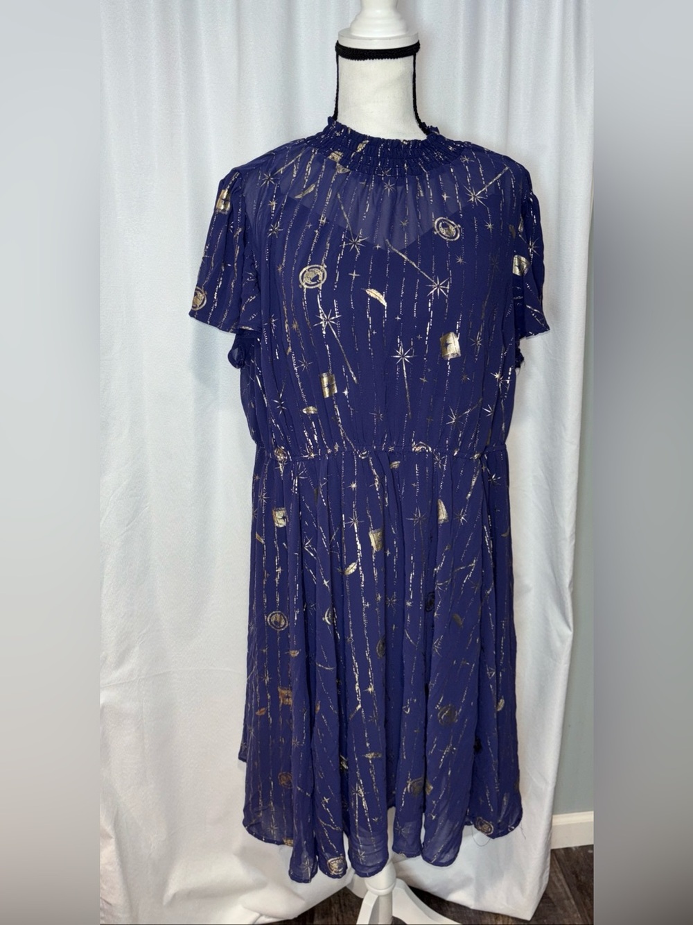 Torrid Harry Potter blue chiffon mini dress Size 2X gold celestial wands